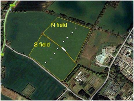 The Easter Bush grazed grassland is split into north and South fields. Both fields are suitable for eddy covariance measurements; the prevailing wind direction is southwesterly and therefore most measurements are made over the south field. White dots are static chambers.